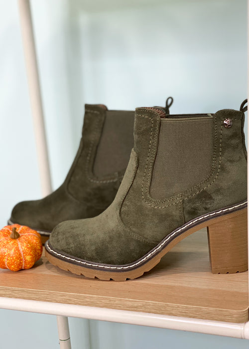 'Rocky' Olive Suede Elastic Side Booties-Cali Moon Boutique, Plainville Connecticut