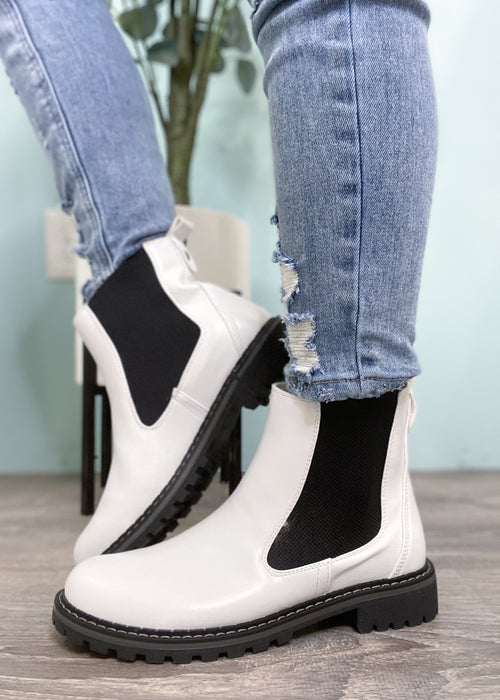 'To Be Honest' White/Black Lug Chelsea Boots-Cali Moon Boutique, Plainville Connecticut