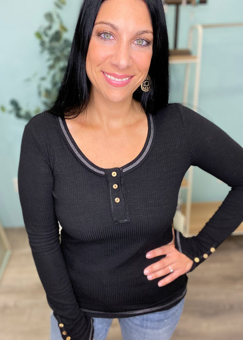 'Lee' Black Ribbed Henley Top-Cali Moon Boutique, Plainville Connecticut
