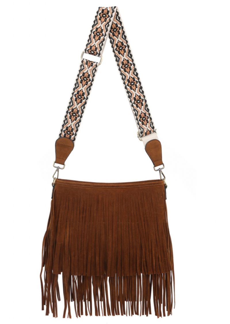 Deep Camel Suede Fringe Guitar Strap Bag-Cali Moon Boutique, Plainville Connecticut