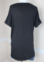 'Roll With It' Black Rolled Sleeve Boyfriend V-Neck Tee-Cali Moon Boutique, Plainville Connecticut