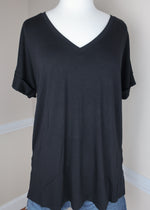 'Roll With It' Black Rolled Sleeve Boyfriend V-Neck Tee-Cali Moon Boutique, Plainville Connecticut