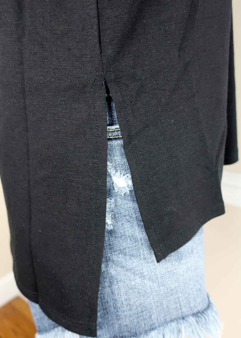 'Roll With It' Black Rolled Sleeve Boyfriend V-Neck Tee-Cali Moon Boutique, Plainville Connecticut
