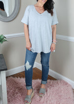 'Roll With It' Heather Gray Rolled Sleeve V-Neck Tee-Cali Moon Boutique, Plainville Connecticut