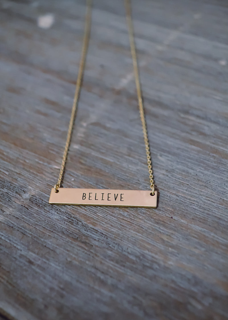 Vintage Gold Worn Believe Bar Necklace-Cali Moon Boutique, Plainville Connecticut